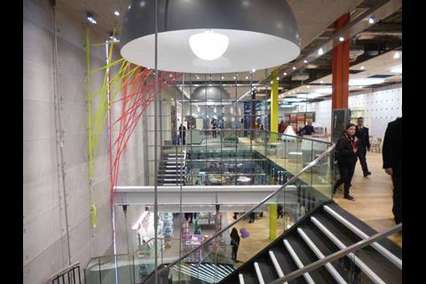 The main staircase is suspended from the ceiling to minimise vibrations from the Glasgow Subway,  which runs underneath the store